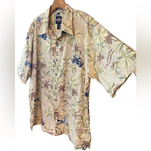 Harley Davidson Tori Richards XL Rare Beige Tropical Motorcycle Palm Print Shirt - Picture 4 of 9